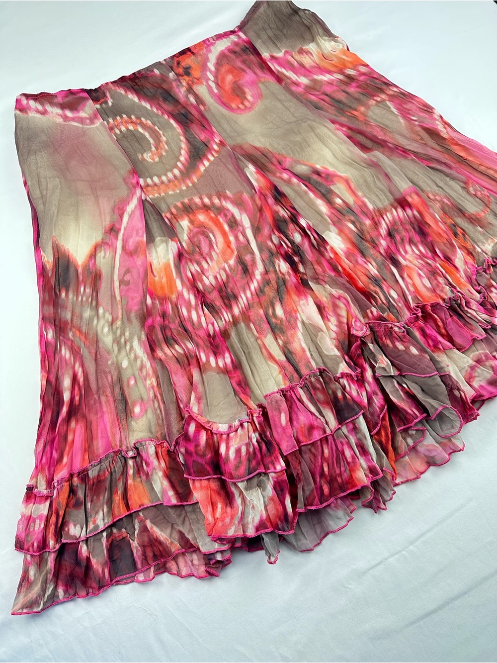 Crisca Vintage Pink Paisley Ruffle Midi Skirt Chiffon Fairycore Y2K Boho Flowy